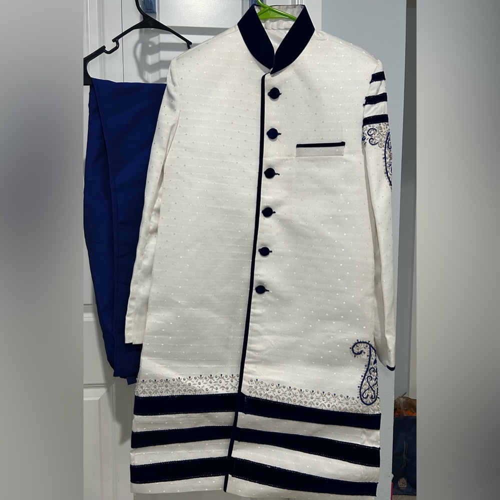 Elegant White and Blue Embroidered Sherwani Set